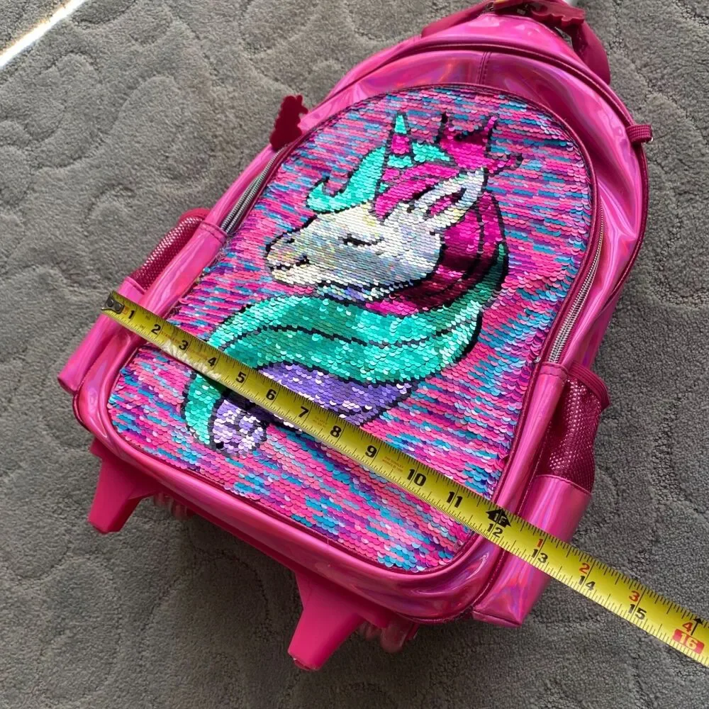 Jasminestar Rolling Backpack 17” girls unicorn flipable & lunchbox, Pencil Case